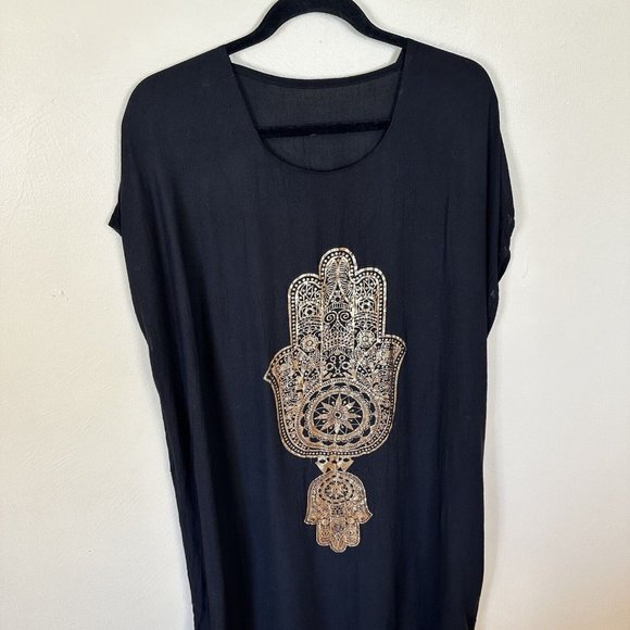 Mumu Dresses & Skirts - Womens Hamsa Design Black Long Kaftan MuMu Housedress OS Gold Lightweight